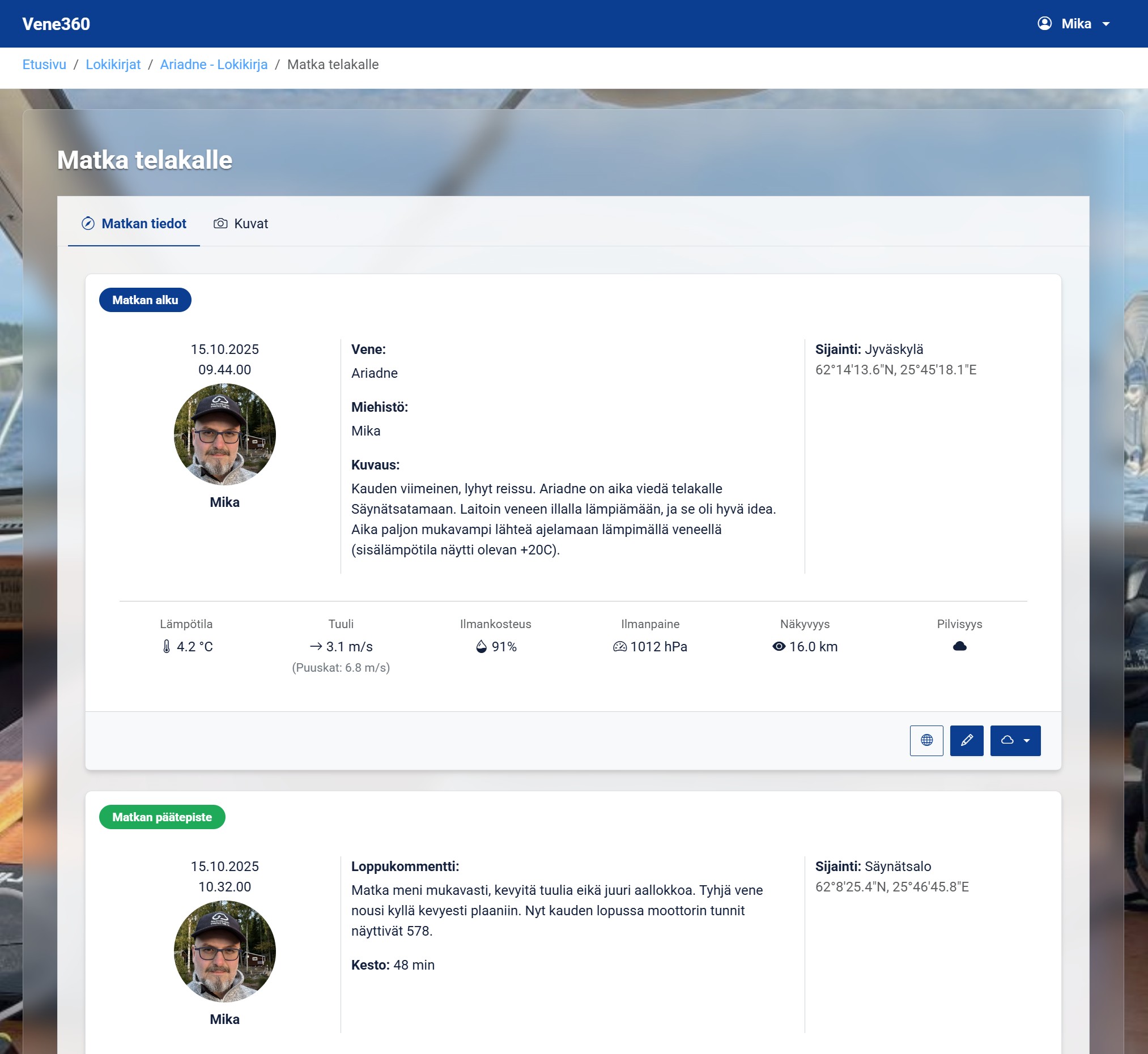 Lokikirjan matkakirjaus automaattisilla koordinaateilla ja säätiedoilla